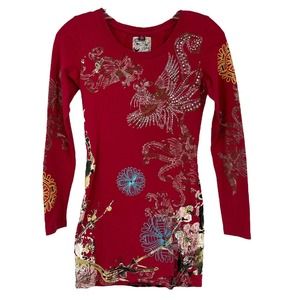 Ruthless Art Mini Dress Red Japanese Rhinestone Cherry Blossom Stretch Womens S